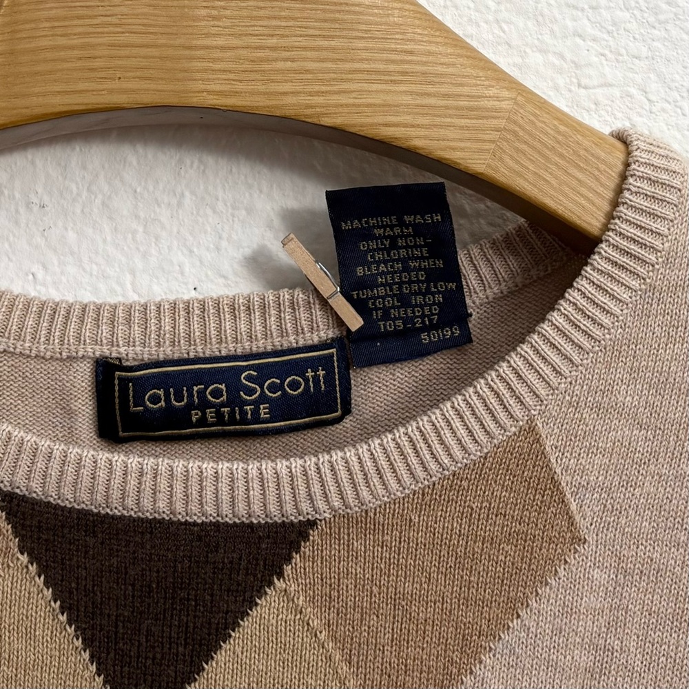 Laura Scott Argyle Short-Sleeve Knit Sweater Tan size Petite large - Picture 4 of 5